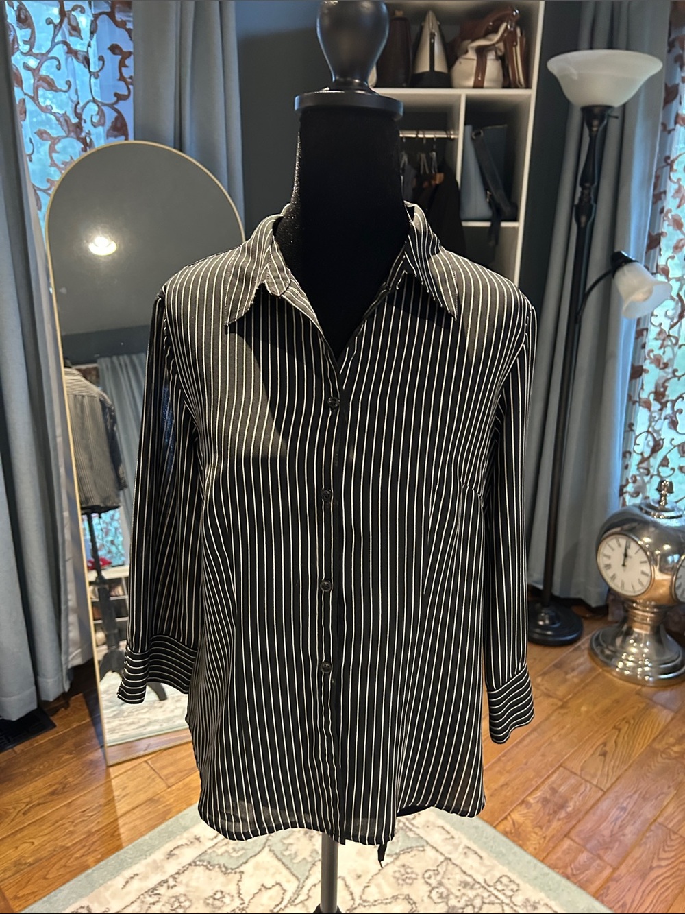 Covington Black and White Striped Button-Down Blouse